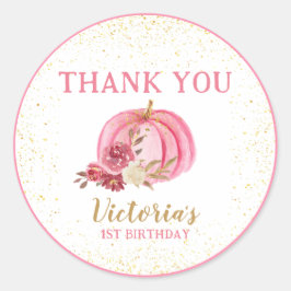 私たちの小さなカボチャのピンクの水の色の最初の誕生日 ラウンドシール