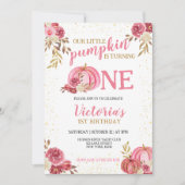 私たちの小さなカボチャのピンクの水の色の最初の誕生日 招待状 (正面)