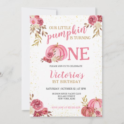 私たちの小さなカボチャのピンクの水の色の最初の誕生日 招待状 (正面)
