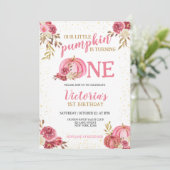 私たちの小さなカボチャのピンクの水の色の最初の誕生日 招待状 (スタンド正面)