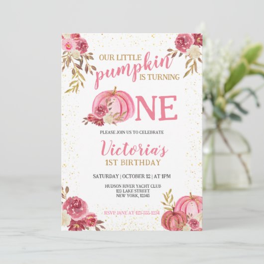 私たちの小さなカボチャのピンクの水の色の最初の誕生日 招待状 (スタンド正面)