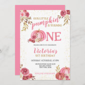 私たちの小さなカボチャのピンクの水の色の最初の誕生日 招待状 (正面/裏面)