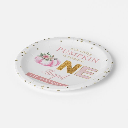 私たちの小さなカボチャのピンクの金ゴールドフローラ1st誕生日 ペーパープレート (アングル)