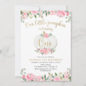 私たちの小さなカボチャのピンクの金ゴールドフローラ1st誕生日 招待状 (正面)