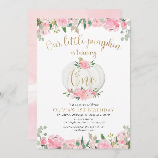 私たちの小さなカボチャのピンクの金ゴールドフローラ1st誕生日 招待状 (正面/裏面)