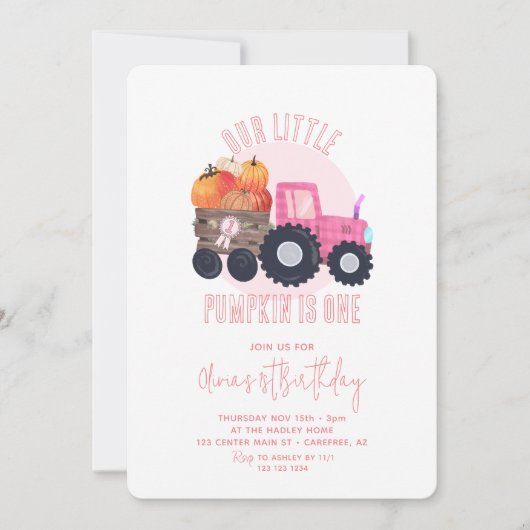 私たちの小さなカボチャのピンクトラクター1st誕生日 招待状 (正面)