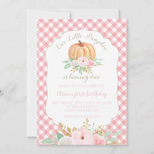 私たちの小さなカボチャのフローラとピンクの格子状の誕生日 招待状 (正面)