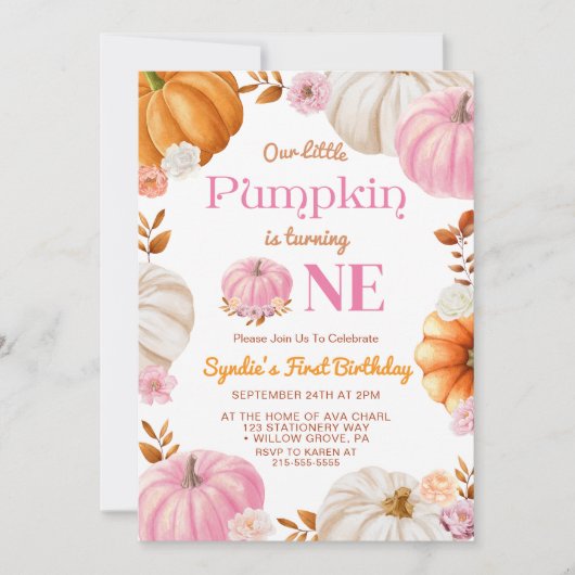 私たちの小さなカボチャの女の子の最初の誕生日パーティー 招待状 (正面)