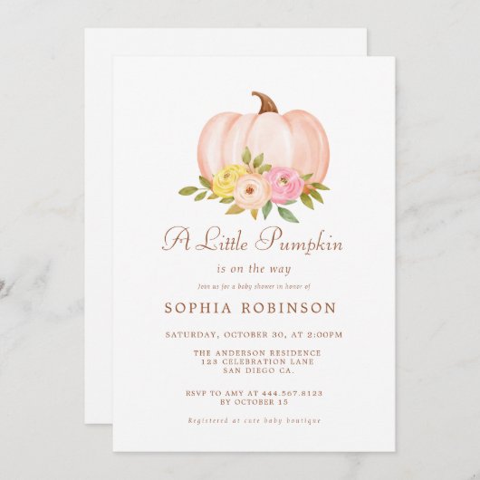 私たちの小さなカボチャの女の子の赤ちゃんシャワー 招待状 (正面/裏面)