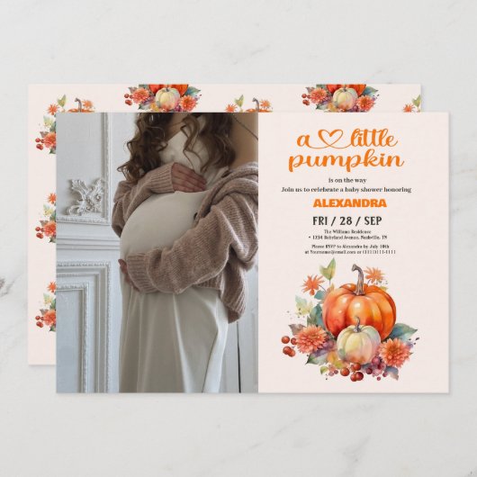 私たちの小さなカボチャの女の子の赤ちゃんシャワー 招待状 (正面/裏面)