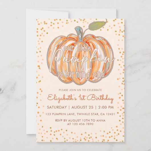 私たちの小さなカボチャの最初の誕生日 招待状 (正面)