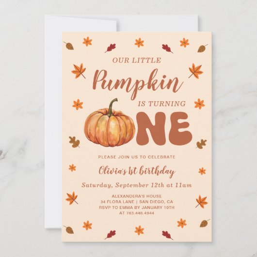私たちの小さなカボチャの最初の誕生日 招待状 (正面)