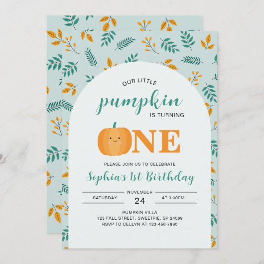 私たちの小さなカボチャの最初の誕生日 招待状 (正面/裏面)