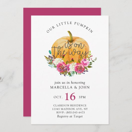 私たちの小さなカボチャの赤ちゃんシャワー 招待状 (正面/裏面)