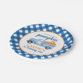 私たちの小さなカボチャの青いトラックは1歳の誕生日をplaid ペーパープレート (アングル)