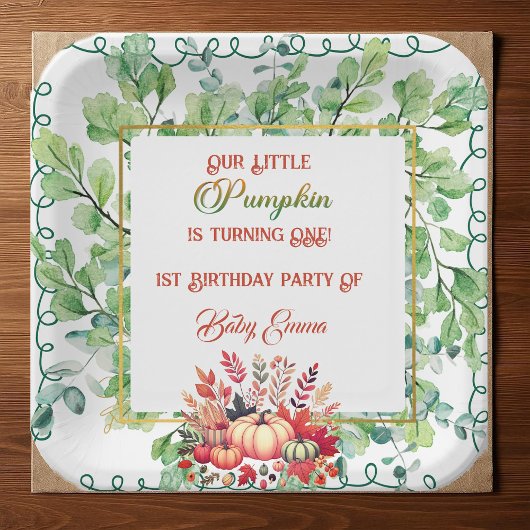 私たちの小さなカボチャの1歳の誕生日 緑の秋のリース  ペーパープレート