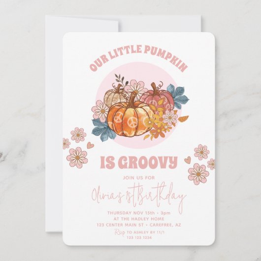 私たちの小さなカボチャはグルービーの最初の誕生日である 招待状 (正面)