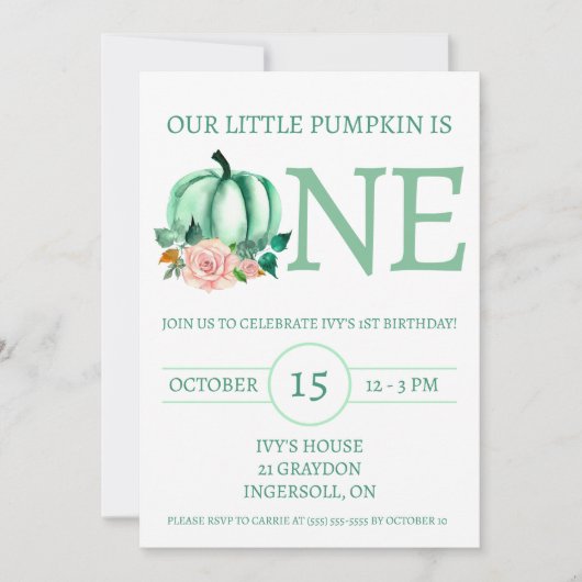 私たちの小さなカボチャはワンミント/ピンクの誕生日パーティーである 招待状 (正面)