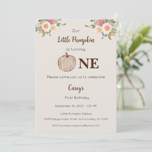 私たちの小さなカボチャは一つの招待状、1歳の誕生日 招待状 (スタンド正面)