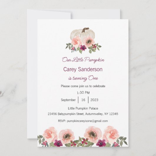 私たちの小さなカボチャは一つの招待状、1歳の誕生日 招待状 (正面)