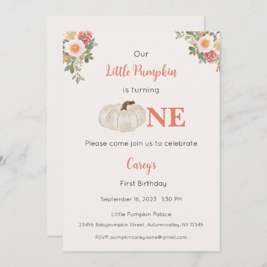私たちの小さなカボチャは一つの招待状、1歳の誕生日 招待状 (正面/裏面)