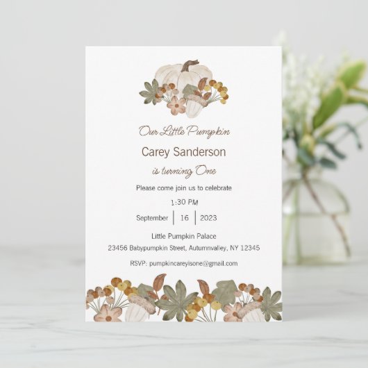 私たちの小さなカボチャは一つの招待状、1歳の誕生日 招待状 (スタンド正面)