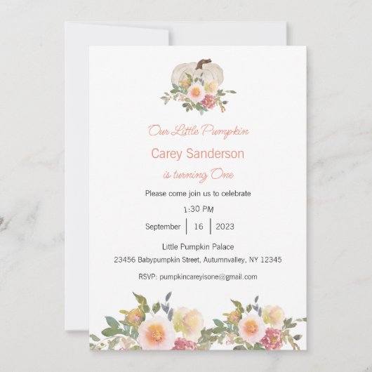 私たちの小さなカボチャは一つの招待状、1歳の誕生日 招待状 (正面)