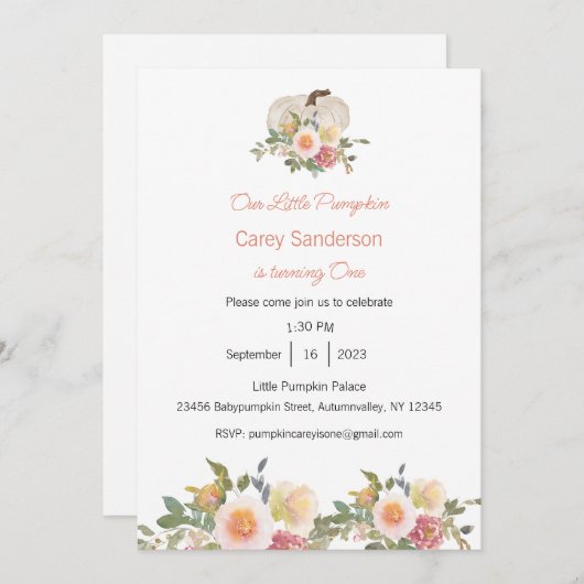 私たちの小さなカボチャは一つの招待状、1歳の誕生日 招待状 (正面/裏面)