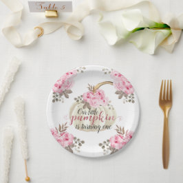 私たちの小さなカボチャは1つの水色ピンクフローラ ペーパープレート