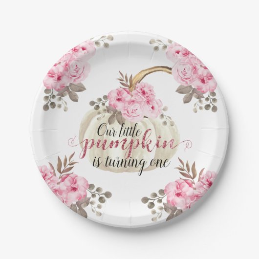 私たちの小さなカボチャは1つの水色ピンクフローラ ペーパープレート (正面)