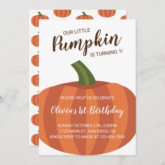 私たちの小さなカボチャは1秋1歳の誕生日を回している 招待状 (正面/裏面)