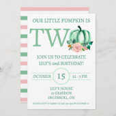 私たちの小さなカボチャは2ミント/ピンクの誕生日パーティーである 招待状 (正面/裏面)
