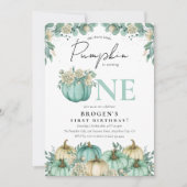 私たちの小さなカボチャティール(緑がかった色)&ホワイトの1st誕生日 招待状 (正面)