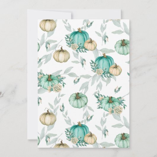 私たちの小さなカボチャティール（緑がかった色）&ホワイトの1st誕生日 招待状 (裏面)