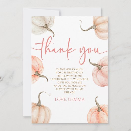 私たちの小さなカボチャピンクホワイト秋誕生日パーティー サンキューカード (正面)