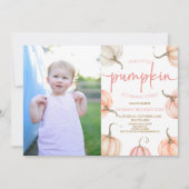 私たちの小さなカボチャピンクホワイト秋誕生日パーティー 招待状 (正面)