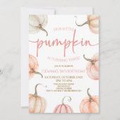 私たちの小さなカボチャピンクホワイト秋誕生日パーティー 招待状 (正面)