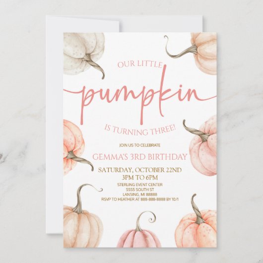 私たちの小さなカボチャピンクホワイト秋誕生日パーティー 招待状 (正面)
