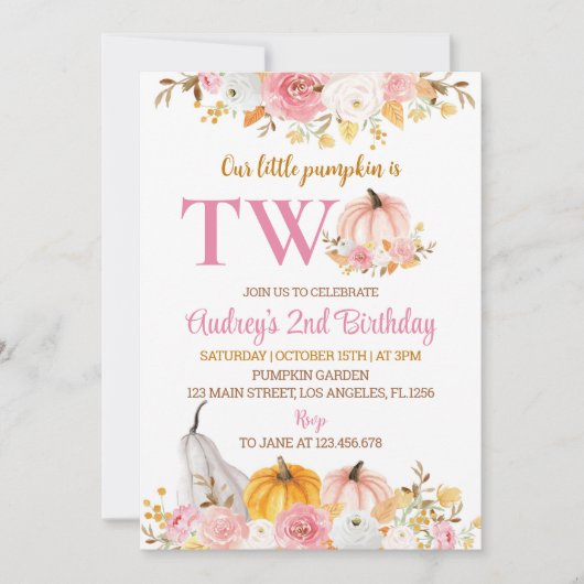 私たちの小さなカボチャピンク第2の誕生日招待状 招待状 (正面)