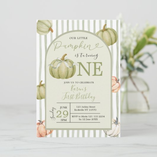 私たちの小さなカボチャ名門私立校風のセージの最初の誕生日 招待状 (スタンド正面)
