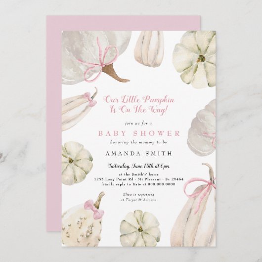 私たちの小さなカボチャ女の子ピンクのボウベビーシャワー 招待状 (正面/裏面)