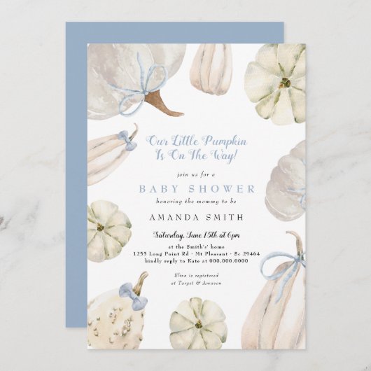 私たちの小さなカボチャ少年ブルーボウ赤素朴ちゃんシャワー 招待状 (正面/裏面)