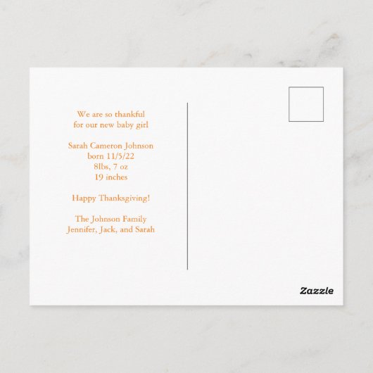 私たちの小さなカボチャ感謝祭の生まれたばかりの写真 ポストカード (裏面)