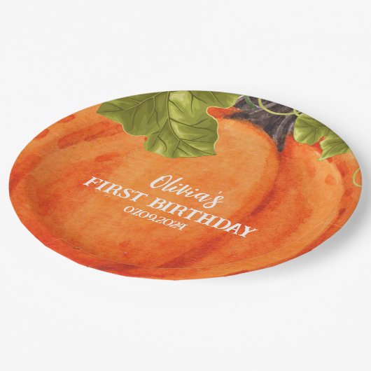 私たちの小さなカボチャ最初の誕生日カボチャ ペーパープレート (アングル)