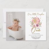 私たちの小さなカボチャ最初の誕生日ピンクの写真 招待状 (正面)