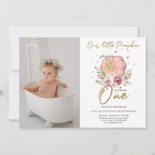 私たちの小さなカボチャ最初の誕生日ピンクの写真 招待状 (正面)