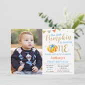 私たちの小さなカボチャ男の赤ちゃん1st誕生日の写真 招待状 (スタンド正面)