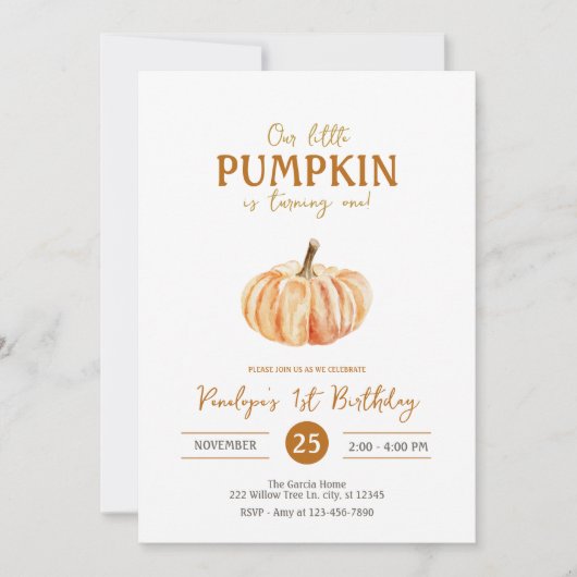 私たちの小さなカボチャ男女兼用秋誕生日 招待状 (正面)