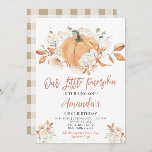 私たちの小さなカボチャ素朴ン誕生日パーティー 招待状 (正面/裏面)