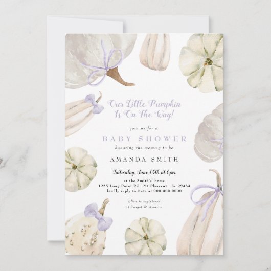 私たちの小さなカボチャ紫の弓の素朴ベビーシャワー 招待状 (正面)